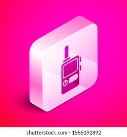 Isometric Walkie talkie icon isolated on pink background. Portable radio transmitter icon. Radio transceiver sign. Silver square button. Vector Illustration