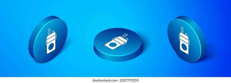 Isometric Walkie talkie icon isolated on blue background. Portable radio transmitter icon. Radio transceiver sign. Blue circle button. Vector