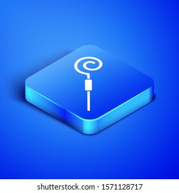 Isometric Walking stick icon isolated on blue background. Happy Saint Patricks day. Blue square button. Vector Illustration