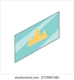 Isometric wall art illustration featuring a stylized yellow mountain landscape on a teal background. Modern minimalist interior decor element