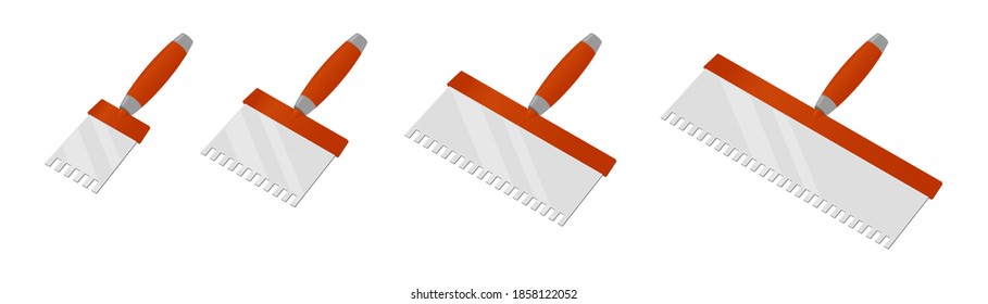 Un trabajador de pared isométrica enrolló unas campanas aisladas en un fondo blanco. Juego de íconos vectoriales de cuchillos de porcelana de diferente tamaño. Espátula con mango naranja. Herramienta de construcción y rayado. Ilustración vectorial.