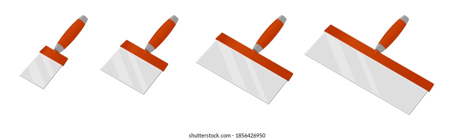 Isometric wall worker trowels isolated on white background. Colorful set of different size putty knifes vector icons. Spatula with a orange handle. Construction and scratcher tool. Vector illustration