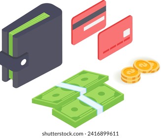 Isometric wallet with cash, coins, and credit cards. Personal finance management and savings concept. Financial responsibility vector illustration.