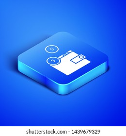 Isometric Wallet with coins icon isolated on blue background. Purse icon. Cash savings symbol. Blue square button. Vector Illustration