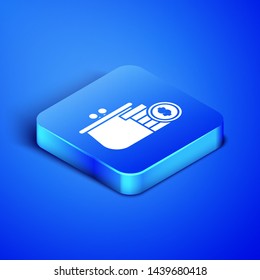 Isometric Wallet with coins icon isolated on blue background. Purse icon. Cash savings symbol. Blue square button. Vector Illustration