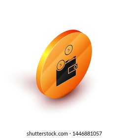 Isometric Wallet with coins icon isolated on white background. Purse icon. Cash savings symbol. Orange circle button. Vector Illustration