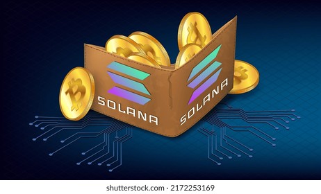 Isometric wallet full of Bitcoin BTC golden coins and logo Solana SOL blockchain on blue. Concept wallet with Solana blockchain support. Banner for news. Vector illustration.