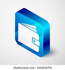 Isometric Wallet icon isolated on white background. Blue square button. Vector Illustration