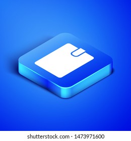 Isometric Wallet icon isolated on blue background. Purse icon. Cash savings symbol.  Blue square button. Vector Illustration