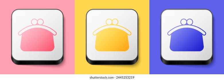 Icono de cartera isométrica aislado sobre fondo rosa, amarillo y azul. Icono de monedero. Símbolo de ahorro de efectivo. Botón cuadrado. Vector