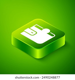 Isometric Wallet icon isolated on green background. Purse icon. Cash savings symbol. Green square button. Vector