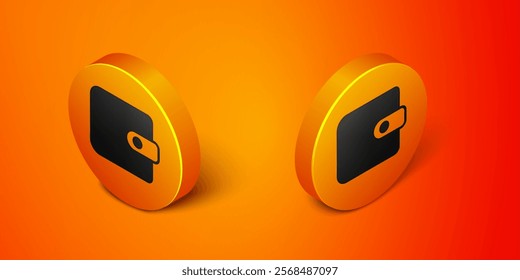 Isometric Wallet icon isolated on orange background. Purse icon. Cash savings symbol. Orange circle button. Vector