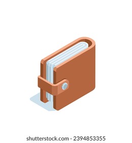 isometric wallet with money, in color on a white background, finance and monetary systems or online banking