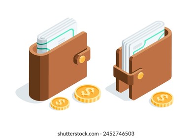 isometric wallet with money, in color on a white background, finance and monetary systems or online banking