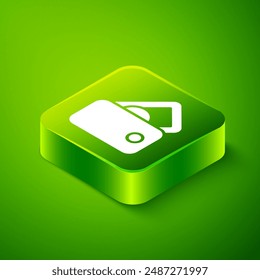 Isometric Wallet with money icon isolated on green background. Purse icon. Cash savings symbol. Green square button. Vector