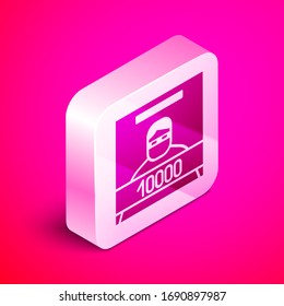 Isometric Wanted aster icono aislado en fondo rosa. Recompensa el dinero. Crimen vivo o muerto es ilegal. Botón cuadrado plateado. Ilustración vectorial