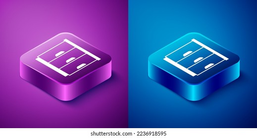 Isometric Wardrobe icon isolated on blue and purple background. Cupboard sign. Square button. Vector