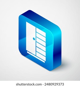 Isometric Wardrobe icon isolated on grey background. Blue square button. Vector