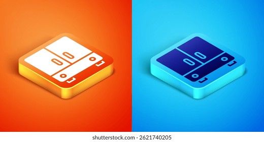 Isometrisches Schranksymbol einzeln auf orangefarbenem und blauem Hintergrund. Vektorgrafik