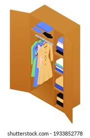 Isometric wardrobe with woman's clothes isolated on white. Flat style vector illustration.