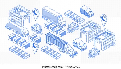 Isometric Warehouse Blue Icons And Warehouse Elements Showing Trucks And Warehouse Exterior Of Delivery Service. 