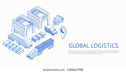 Isometric warehouse blue icons and warehouse elements showing trucks and warehouse exterior of delivery service. 