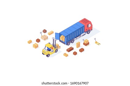 Carga asimétrica de cajas de carga de carga coche de carretilla elevadora palet y carretillas elevadoras carga. Ilustración vectorial de entrega y carga. Las carretillas elevan coches aislados en fondo blanco. 3d concepto logístico