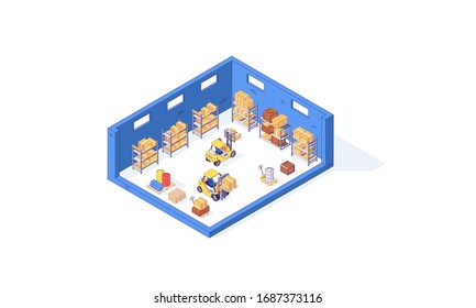 Isometric warehouse box pallet package pallet and forklift factory. Delivery goods vector illustration. Boxes forklifts pallets in cargo isolated on white background. 3d logistic concept