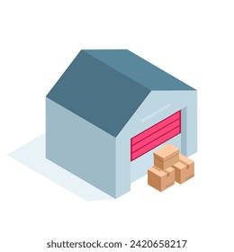 almacén y cajas isométricas, en color sobre fondo blanco, alquiler o almacenamiento de almacén