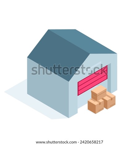 isometric warehouse and boxes, in color on a white background, warehouse rental or storage