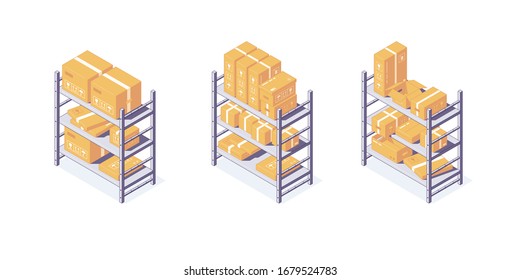 Isometrische Lagerkästen Ausrüstung Rack Paletten und Regal. 3D-Schachtelpaletten mit Regen-Vektorillustration-Illustration. Möbel für Palettenhubwagen einzeln auf weißem Hintergrund. Flachspeicherdesign