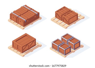 Isometric warehouse boxes pallet equipment shelf rack. 3d storage box pallets shelving stacking vector illustration. Warehousing pallet loader and racking equipments isolated on white background