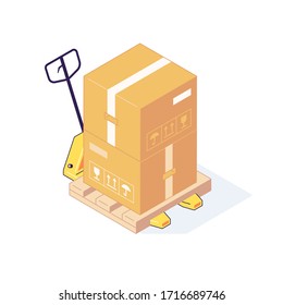 Cajas de almacén isométricas palets de mercancías freights. Ilustración vectorial de apilamiento de estanqueidad de palets de almacenamiento 3d. La casa de vajilla plana escala palet aislado en fondo blanco. Diseño logístico