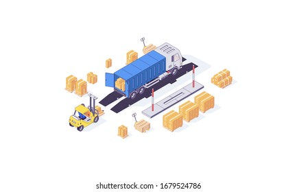 Isometrische Lagerhäuser LKW-Transportwagen. Transportbox-Lieferwagen und Vektorillustration-Illustration. 3D-LKWs einzeln auf weißem Hintergrund Logistikdienstkonzept
