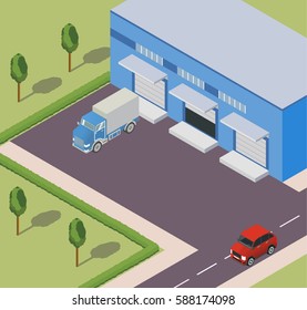 The isometric warehouse building flat trucks and the road.design elements for infographic,engineering and warehouse firms, companies on cargo delivery. For booklets,leaflets,banners on the websites
