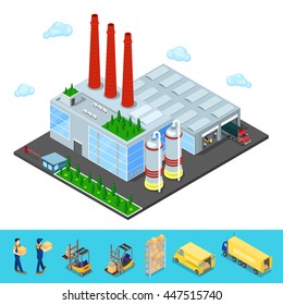 Isometric Warehouse Building with Industrial Shipping Area. Cargo Industry. Vector illustration