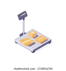 Isometric warehouse carton boxes freights goods packages on scales. 3d box scale vector illustration. Ware house wood box equipment isolated on white background. Flat design concept