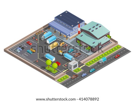 Isometric warehouse composition with terminal and office buildings parking with vehicles and checkpoint vector illustration