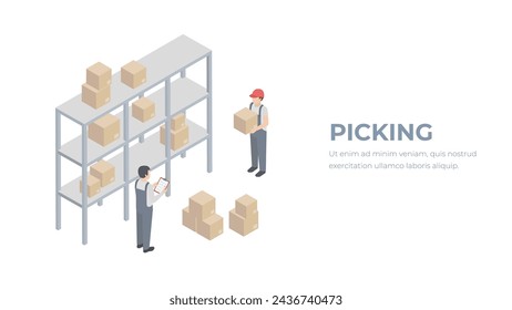 Isometric warehouse concept. Workers analyzing goods in warehouse.