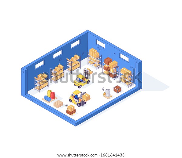 Isometric warehouse container package pallet\
forklift factory. Delivery transportation goods vector\
illustration. Boxes forklifts pallets in cargo isolated on white\
background. 3d shipping\
concept