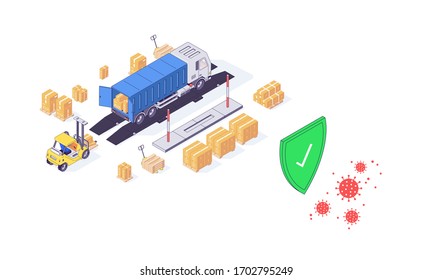 Isometric warehouse covid-19 safety logistic service transport box package goods food parcel cargo vector illustration. Boxes packages parcels safe delivery flat design isolated on white background