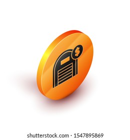 Isometric Warehouse with dollar symbol icon isolated on white background. Real estate concept. Orange circle button. Vector Illustration