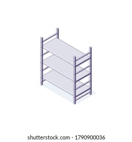 Isometric warehouse equipment rack shelf interior. 3d logistic racking interiors and stacking vector illustration. Ware house racking equipments isolated on white background. Flat storage design