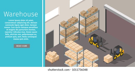 Isometric warehouse exterior of storage vector set with shipping delivery flat illustration Logistic concept export truck infographics