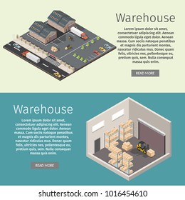 Isometric warehouse exterior of storage vector set with shipping delivery flat illustration Logistic concept export truck infographics
