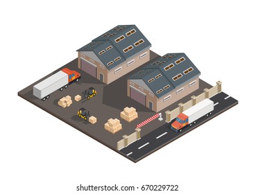 Isometric warehouse exterior of storage vector set with shipping delivery flat illustration Logistic concept export truck infographics