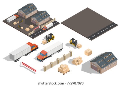 
Isometric warehouse exterior of storage vector set with shipping delivery flat illustration Logistic concept export truck infographics