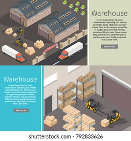 Isometric warehouse exterior of storage vector set with shipping delivery flat illustration Logistic concept export truck infographics