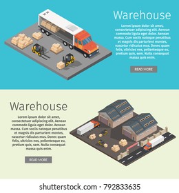 Isometric warehouse exterior of storage vector set with shipping delivery flat illustration Logistic concept export truck infographics