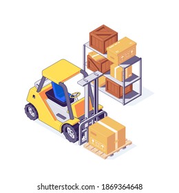 Isometric warehouse forklift with cardboard and wooden boxes on shelf. Storage and delivery concept with yellow fork lift and packages. Warehouse machinery with box in cargo and shipping vector.